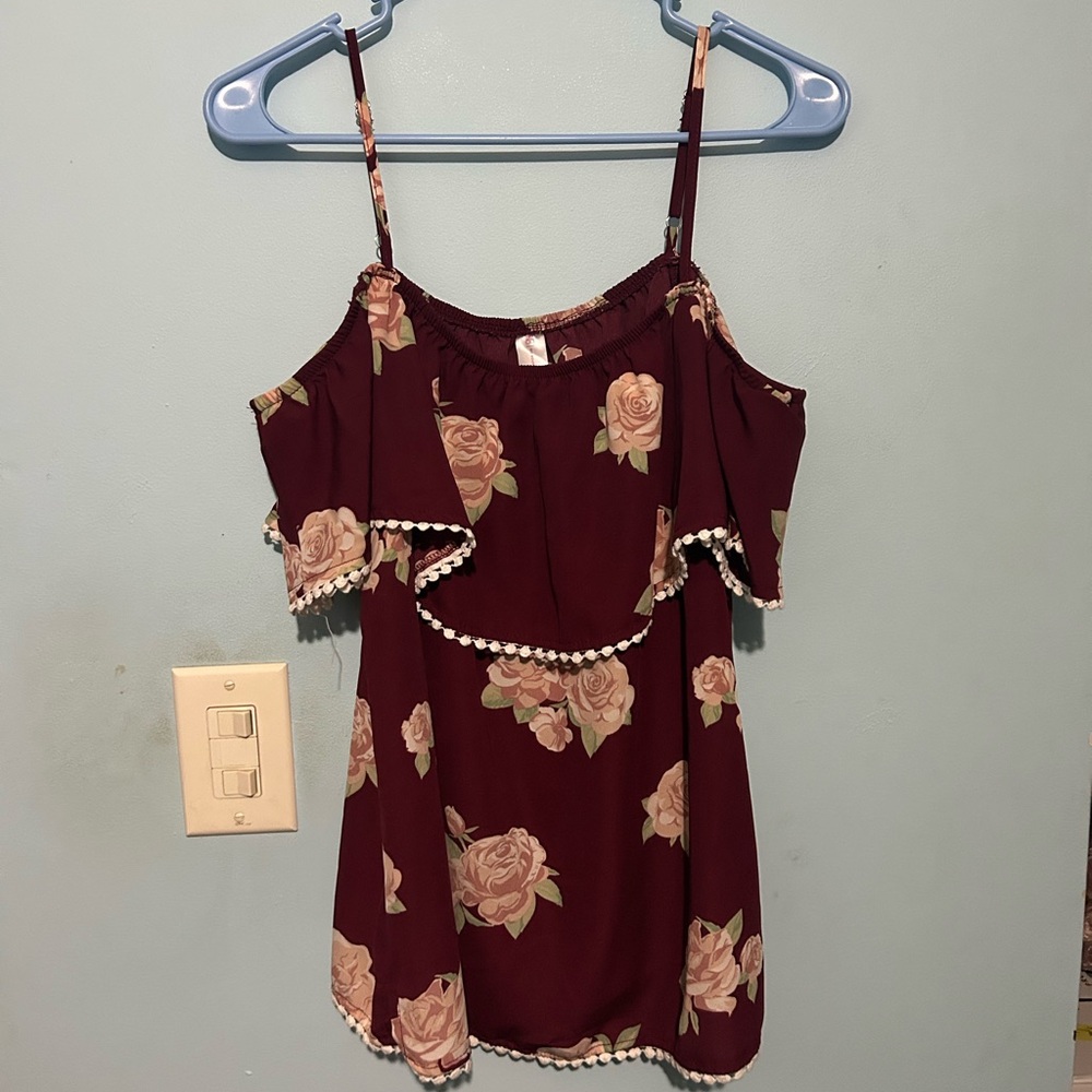 No Boundaries Burgundy and Pink Ruffled Blouse